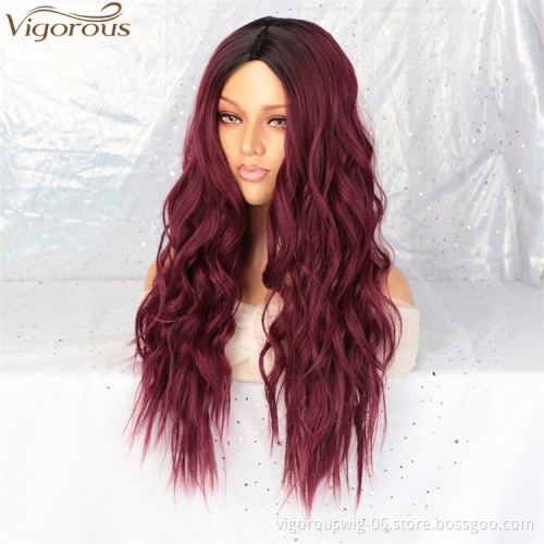 Vigorous Wholesale High Temperature Ombre Red Middle Part Wig Long Natural Wave Cosplay Synthetic Wig for Women